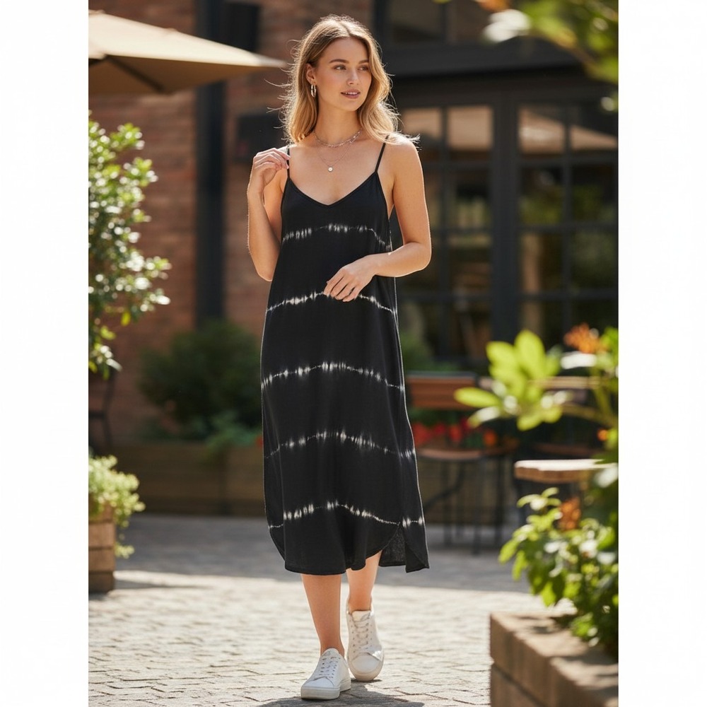Velvet Heart Womens Black White Tie Dye Striped V-Neck Midi Slip Dress Small